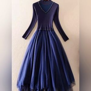 Party dress M beated on front long sleeves, knitted top, mesh bottom. Lady style